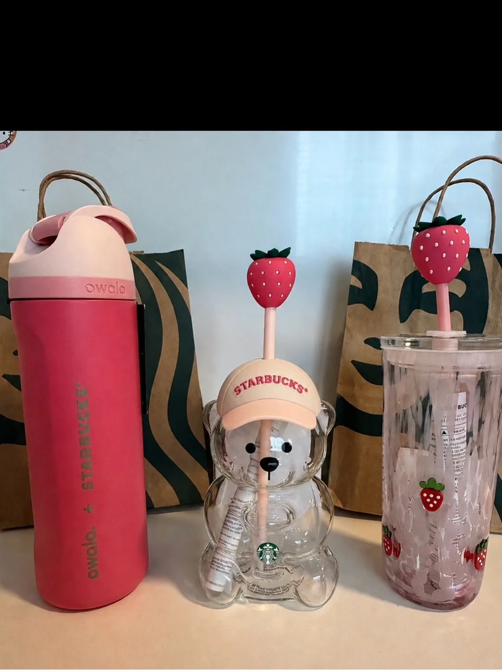 Starbucks pink bearista , pink owala and strawberry glass cup TRIO